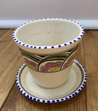 Honiton Pottery Hand Painted Plant Pot with Saucer Devon Cream Art Deco Style