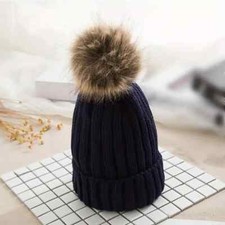 LADIES WOMENS WINTER KNITTED BEANIE SKI HAT THERMAL FAUX FUR BOBBLE POM POM