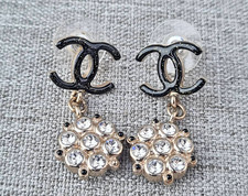 Authentic CHANEL CC Logo Dangle Earrings Black Glitter & Crystal Gold Tone