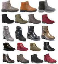 WOMENS ANKLE BOOTS FUR LINED LADIES FLAT LOW HEEL WARM WINTER SHOES UK SIZE