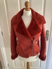 RIVER ISLAND BIKER JACKET SUEDE FUR FEEL UK 12 RED GOOD CONDITION BARGAIN