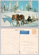 c33540 Horse drawn logging sled   Finland  postcard 1980 stamp