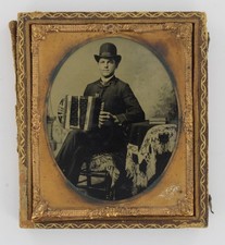 Handsome Accordion Musician 1860 Flutina Music Instrument Tintype Bowler Hat Man