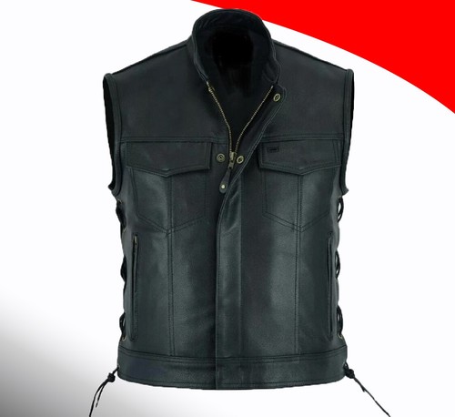 Men black biker leather - men's, vest