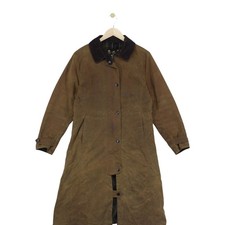 Barbour Waxed Trench Coat Womens Size 12 Brown Full Length Collared Winter
