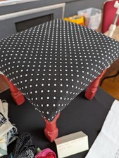 Upcycled Footstool, Black fabric and red paint boho maximalist decor