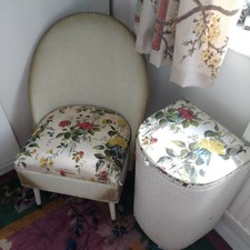 Vintage Retro 50s Lloyd Loom Style Chest Nursing Chair Floral Barkcloth Fabric 