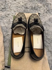 Gucci Loafers Tassel Shoes Mongram Canvas Black Leather Mens UK 13 US 14 47 New