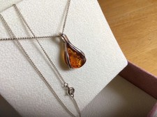 Vintage Hallmarked Silver  Amber Pendant Chain Necklace
