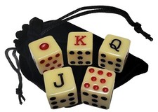 Premium Spanish Poker Dice Antique Bone Tone + Black Velvet Storage Pouch