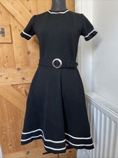 Vintage Black Wool Skater 60s 70s Dress Belt Lace Ribbon Gogo Mod Retro UK 8-10