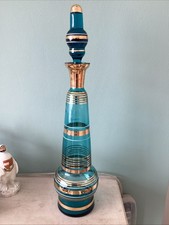 Mid Century Bohemian Blue & Gold Glass Decanter 15”