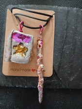 Witches Wand And Spell Book Clay Pendant On Black Cord Necklace