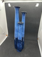 Studio Pottery Blue Glazed Triple Stem Vase.signed
