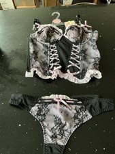 Brand New Basque By Jolie 38b Bra 14/16 Pants With Suspenders In Blk And Pink