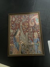 Vintage Medieval Tapestry Needlepoint Embroidery – Framed Wall Art – Lady &