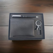 Mens Genuine Leather Wallet Ballpoint Pen Keyring Christmas Gift Set 3pcs Black