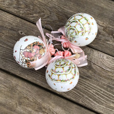 3x Vintage Shabby Chic Pink Ribbon With Roses & Beads Decoupage Style Baubles