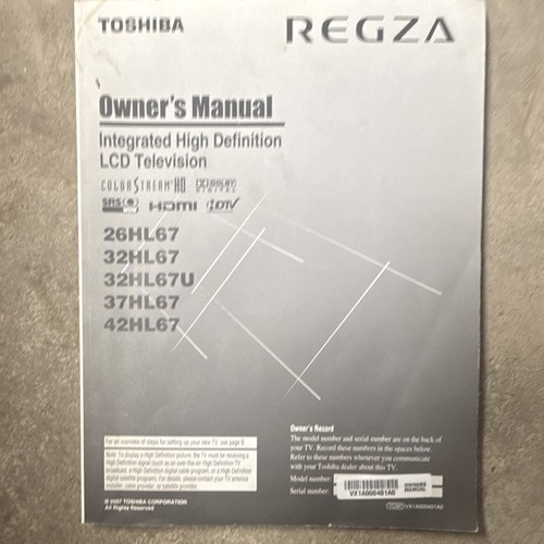 Toshiba regza lcd owner - toshiba, owner’s