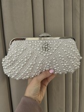 Brand New White Pearl Covered Bridal Clutch Bag Silver Hardware Bride To Be