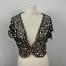 Wallis Mocha Brown Mesh Shrug Bolero Silver Sequin Embellished Wedding Size 14