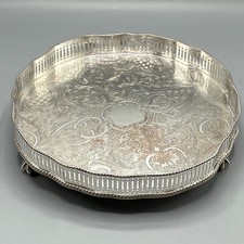 Small Vintage Silver Plated Round Gallery Tray Ball & Claw Feet Scalloped Drinks