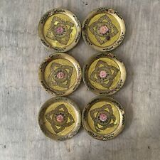 Vintage Rustic Set of 6 Paper Mache Round Floral Gold Drinks Coasters Set Decor