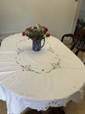 Vintage Large rectangular Embroidered Lace Cut Out Table Cloth Battenberg Style 