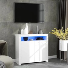 White LED Sideboard Display Cabinet,High Gloss 2 Doors Buffet Cupboard Storage
