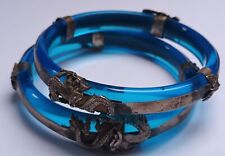 Antique Rare Blue Glass Bracelets Bangles with Silver Dragons & Butterflies