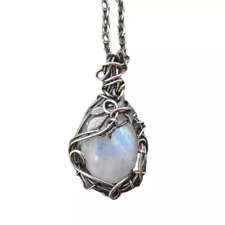Vintage Moonlight Stone Silver Chain Natural Moon Pendant Charm Womens Jewellery