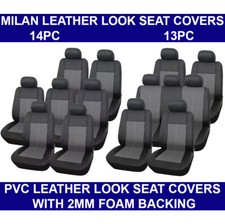 Milan 13pc & 14pc Leather Look PVC Fabric Black & Grey MPV Car Seat Covers Set