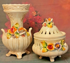 Vintage Italian Capodimonte style Vase & Bowl Set, Hand-Finished Floral Relief