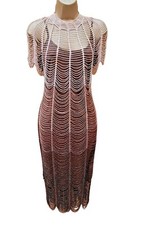 Vintage  20'S Karen Millen 10 UK Pink Brown Beaded Crochet Gatsby Flapper Dress 