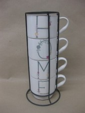 4 Stacking Mugs With Metal Holder~ HOME ~ Set of 4 Coffee Tea Mugs & Metal Stand