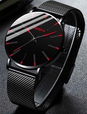 Mens Watch Thin Black & Red Business Watch with Mesh Strap Quartz
