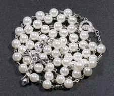 White Rosary beads UK Stock Faux Pearl Necklace Cross Pendant Religious