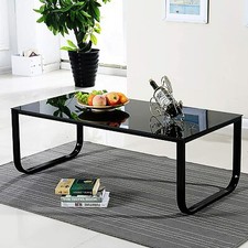 Tempered Glass Top Retro Rectangle Coffee Table Metal Legs Laptop PC Desk Black