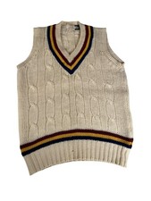 Vintage VCC Cricket Sweater Vest Jumper Medium Mens White Cable Knit V-Neck Wool