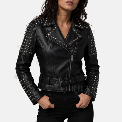 Women leather studded jacket - women,