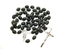 LARGE WOOD ROSARY    Italian Made    OVAL MACHINE TURNED BEADS    Black