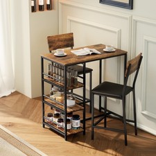 3 Piece Breakfast Bar Table and Stools Set with Storage Shelves, Rustic Brown
