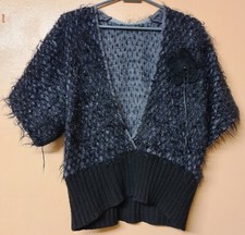 Passport Jumper Pullover Black Grey Fluffy Deep V Neck Short Sleeve Size 10