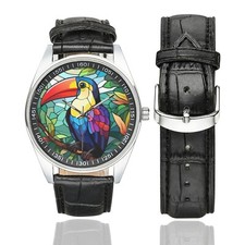 Stained Glass Toucan Watch with Black Leather Band For Adult