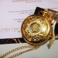 24k Gold Plated Pacifistor Patterned Mechanical Quartz Pocket Watch Half Hunter