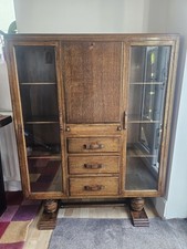 1930s  Antique Oak Drop Front Writing Desk Bureau & Glass Door Bookcase Shelves