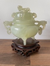 Antique Chinese Hand Carved Jade Incense Burner Wooden Stand
