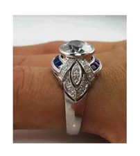 Art Deco Style 2.00Ct Lab-Created Diamond & Sapphire Engagement Ring 925 Silver