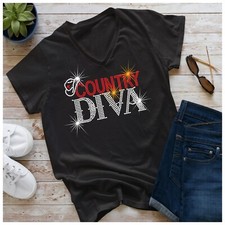 V neck Country Diva Rhinestone t shirt - Line Dancing Ladies sizes Listed 8-24