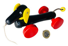 Pull Along Dog Toy Wood Wooden on Wheels Vintage ra